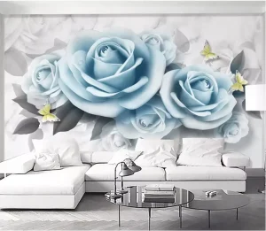 Modern Minimalist 3D Blue Rose Floral Wallpaper Contemporary Butterfly Decor Mural for Living Room Wall Panels