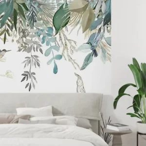 Modern Minimalist Greenery Mural Customizable Neutral Foliage and Bird Wall Art Home and Commercial Spaces Removable