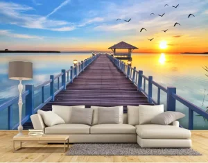Modern Nature Scenery Sunset Lake Wallpaper for Home Decor Easy Installation PVC Bedroom Wall Mural for Workshop