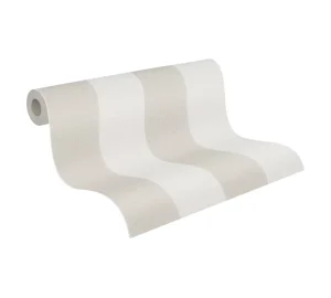 Modern PVC Wallpaper Rolls Stripes White Brown Beige Highly Wash Resistant Sound Absorbing Living Room