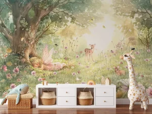 Modern Pastel Fairy Fawn Mural Custom Dreamy Forest Waterproof Wall Decor for Boutique Hotel Kids Suite Playroom Living Room