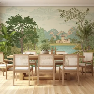 Modern Pastoral Chinoiserie Mural Custom Tranquil Castle Lake Paper Wall Decor for Boutique Hotel Suite Spa Room