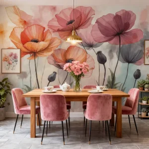Modern Red Orange Yellow Poppy Floral Silk Wallpaper for Bedroom Beauty Salon Living Room Household Wall Decor Custom Size