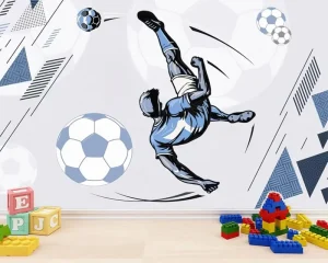 Modern Soccer Themed 3D Waterproof Wall Mural for Kids’ Bedroom Custom Size Easy Installation Household Decor