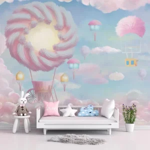 Modern Style Waterproof 3D 18D Wallpaper Pink Princess & Doughnuts with Hot Air Balloon for Girls & Children’s Bedroom Decor