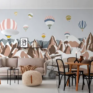 Modern Waterproof Kid’s Bedroom Wall Mural with Hot Air Balloon Snow Mountain Scenery