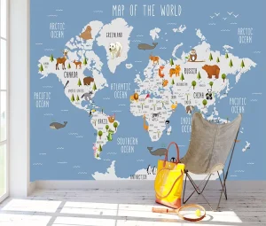 Modern Waterproof Kids Cartoon World Map Wallpaper Animal Illustrated Educational Wall Mural for Nursery Bathroom Bedroom Decor