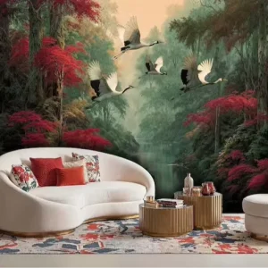 Mystical Red Maple Forest and Crane Mural Custom Size Dark Luxurious Wallpaper for Elegant Home and Commercial Spaces