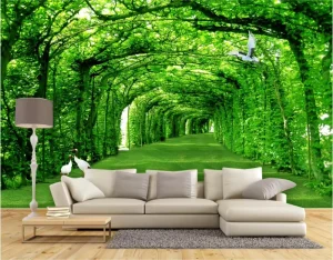 Natural Greenery Tunnel Wallpaper for Wall Crane & Bird Forest Wall Mural for Relaxing Spaces