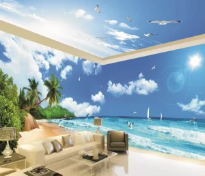 Natural Sea View Blue Sky White Cloud Beach Wall Mural Room Background Wallpaper