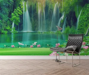 Natural Waterfall Lotus Wall Designs Home Decoration Serene Landscape Mural Wallpaper Stickers