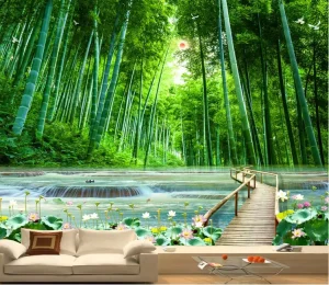 Nature Inspired Bamboo Wall Mural Panel Forest & Stream Wallpaper for Serene Interiors Waterproof Wallpaper Home Decoration