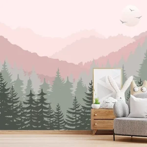 Nature and Landscape Fabric Pink Pastel Mountain Wall Mural 3D Interiors Bedroom Wallpaper for Kids