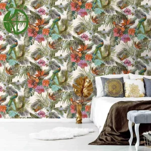 Non Self Adhesive Floral Flower Forest PVC Waterproof Wall Paper Rolls Vintage Tropical Design for Bedroom and Living Room Walls