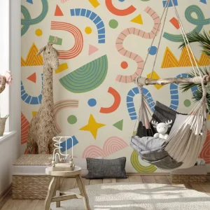 Nordic Style Happy Kids Shapes Wallpaper for Nursery & Kindergarten Wall Decoration
