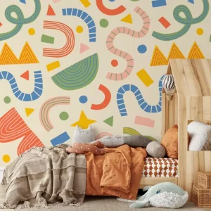Nordic Style Happy Kids Shapes Wallpaper for Nursery and Kindergarten Wall Decoration