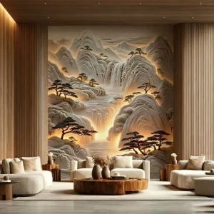 OEM Custom 3D Relief Mountain Mural Wallpaper Chinese Zen Landscape Wall Art Hotel Villa Living Room Decor Supplier