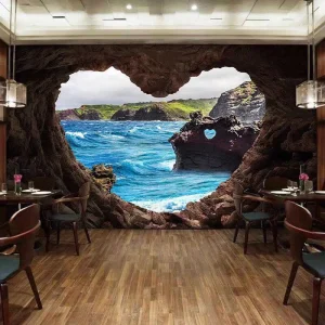 OEM Custom Heart Cave Ocean Scenic 3D Mural Wallpaper Nature Wall Art Restaurant Hotel Decor Material