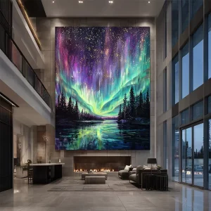 Oversized Aurora Abstract Painting Purple Green Northern Lights Canvas Art for High Ceiling Living Room and Hotel Lobby