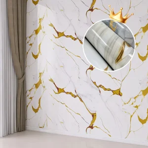 PET Marble Wallpaper Gold Foil Design Self Adhesive Wall Covering Waterproof for Commercial Home Decor