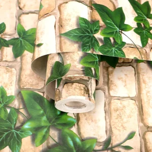 PVC Self Adhesive Wallpaper Vinyl Adhesive Stone Texture Green Leaf Paper Tapiz 3D Brick Texture Wallpaper Wall