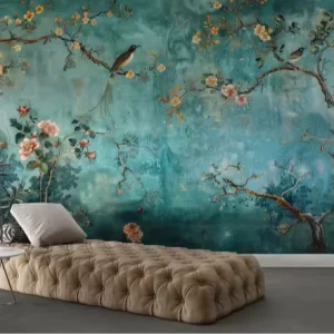 Patina Teal Chinoiserie Floral Bird Mural Wallpaper Vintage Botanical Wall Art for Sophisticated Home Interiors Peel and Stick