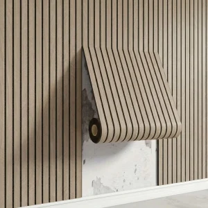 Peel and Stick 3D Fluted Wood Slat Wall Panel Roll Wallpaper Faux Oak Vertical Strip Wall Cladding for Living Room TV Background