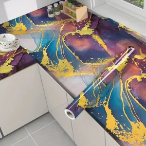 Peel and Stick Gold Foil Marble Self Adhesive PVC Wallpaper Blue Purple Waterproof Oil Proof Sticker Home Decoration