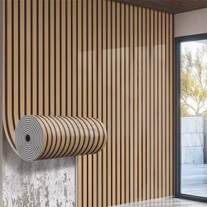 Peel and Stick Modern Embossed PVC Wallpaper with Wooden Strip Grille for Gym Hotel and Study Walls