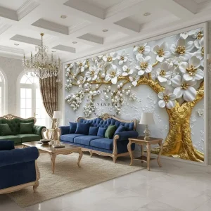 Peel and Stick Wall Paper Digital Print 3D Wallpaper White Floral Flowers Pearls Gold Tree Embossed Wallpaper for Bedroom Decor