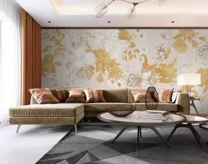 Peel and Stick Wallpaper Custom Gold Floral Beige Linen Textured Botanical Wall Paper for High-End Hotel Boutique Home