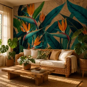 Peel and Stick Wallpaper Teal Leaves Orange Floral Vintage Tropical Bird of Paradise Wall Mural for Living Room Bedroom Wall