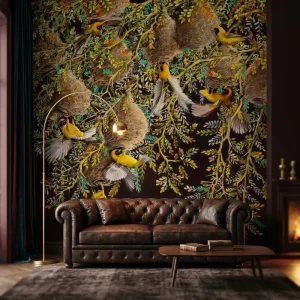 Peel and Stick Waterproof Dark Background Tropical Weaver Birds Mural Wallpaper for Home Living Room Wall Decoration