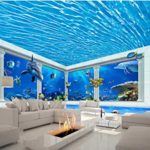 Photo 3D Ceiling Stickers Deep Sea Fish Dolphin Room Decoration Painting 3D Wall Murals Wallpaper