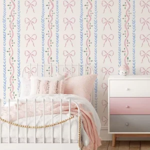 Pink Bow Modern Style Self Adhesive Waterproof Eco friendly Removable Seamless Wallpaper for Household Use Girls Kids Room