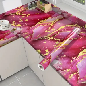 Pink Gilded Marble Texture Self Adhesive Wallpaper, Waterproof Removable Wall Sticker for Kitchen Stove Home Renovation