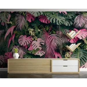 Pink Green Tropical Plant Wallpaper Mural for Restaurant Bar Living Room Home Interior Wall Decor with Monstera Palm Leaf Design