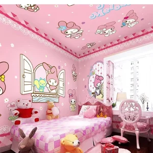 Pink Melody Rabbit Background Wallpaper Star Dew Mural Children’s Room Wall Cloth Girl Room Cartoon Bedroom Wallpaper