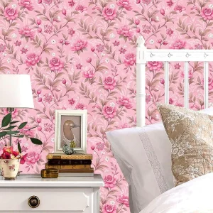 Pink Modern Floral Waterproof Peel & Stick PVC Vinyl Wallpaper for Bedroom Wall Decoration DIY Contact Paper