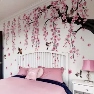 Pink Peach Blossom Tree Bird Wallpaper Falling Flower Bathtub Stickers for Living Room Bedroom Bathroom Wall Decor