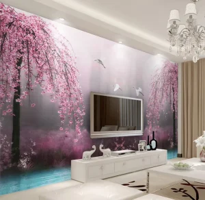 Pink Trees Dropping Leaves Foggy Forest Designs UV Print 8D Decorative Wallpaper