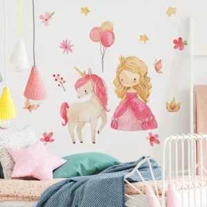 Pink Unicorn and Girls Flowers Wall Sticker Baby Girl’s Room Decorative Wallpaper Self Adhesive Mural for Room Decal