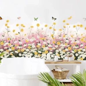 Pink Yellow White Flowers Wall Sticker Creative Butterflies Murals Room Decorative Wallpaper Self Adhesive TV Background Decals