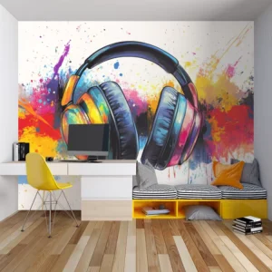 Pop Art Music Self Adhesive Mural Customizable Colorful Headphone Wall Paper for Home Office Gaming Room Decor Easy Install