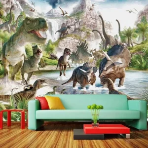 Realistic Dinosaur Animal Print Mural Customizable Prehistoric Landscape Wall Decor for Bedroom Hotel Suite Easy Install