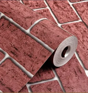 Red 3D Brick Wallpaper Peel and Stick Self Adhesive Vinyl Wall Sticker for Cafe Restaurant Home Decor