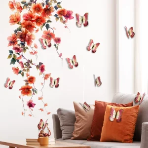 Red Flower Vine Wall Sticker With Bronzing 12 3D Butterfly Decorative Wall Sticker