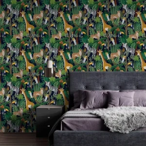 Removable Kids PVC Peel and Stick Waterproof Wallpaper Cartoon Animal Zebra Leopard Giraffe Bird Palm Leaf for Bedroom Walls DIY