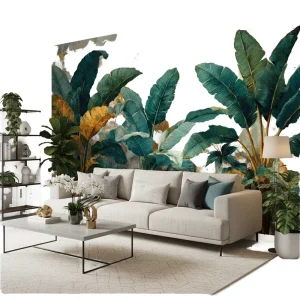 Removable Peel Stick Waterproof Embossed Modern Living Room Bedroom Wall Decoration Green Banana Tree Mural Wallpaper Easy