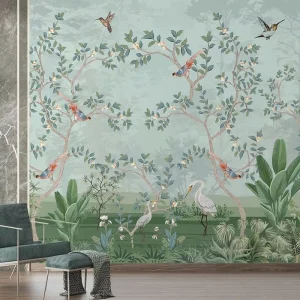 Removable Waterproof Home Wall Decoration Tropical Natural Grassland Floral Peacock Birds Wallpaper Mural